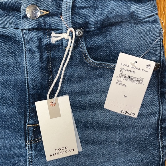 NWT Good American Hi Rise Skinny Distressed Denim Blue Jeans Size 24 - Picture 6 of 12